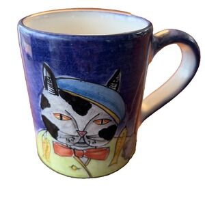 Art Mug Fishing Cat in Beret- Catzilla Style Painted Unbranded Coffee Cup Color